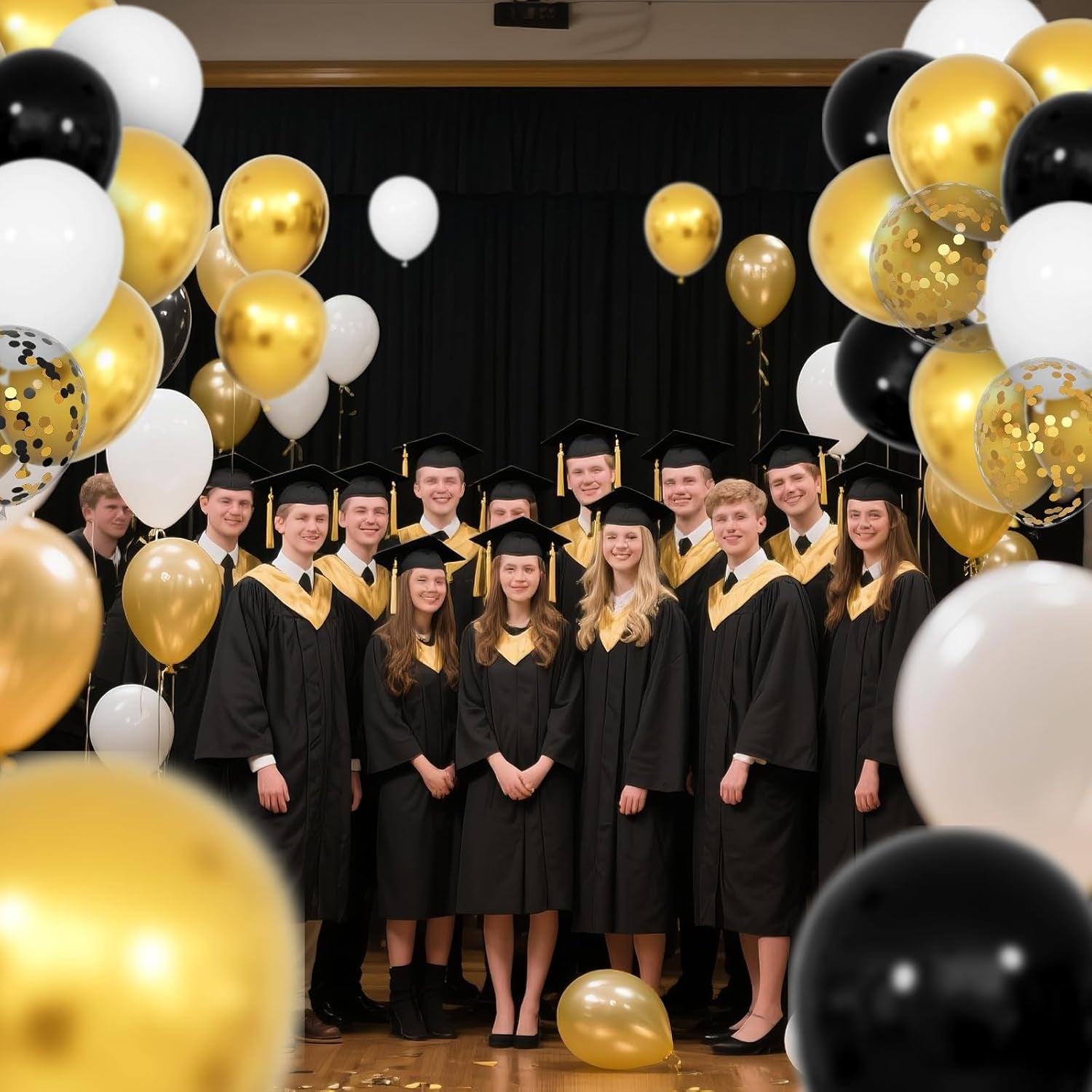 68-Piece Elegant Balloon Set in Black, White, and Gold with 12-Inch Black and Gold Confetti Balloons for Graduation, Birthday, and Wedding Celebrations