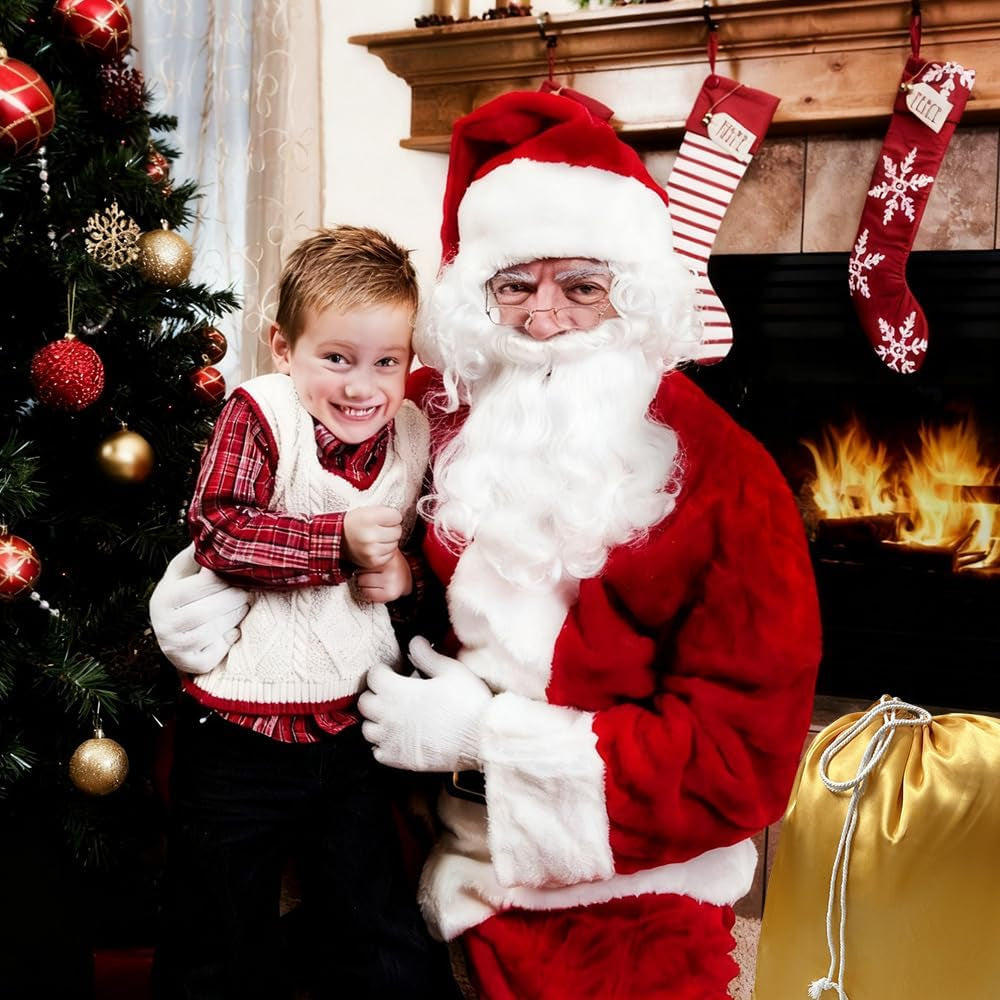 Santa Claus Costume Accessories, 8 PCS Father Christmas Fancy Dress, Father Christmas Costum with Hat Wig Beard Gloves Glasses Eyebrows Santa Sack Bell, Christma-S Santa Costume Set for Christma-S