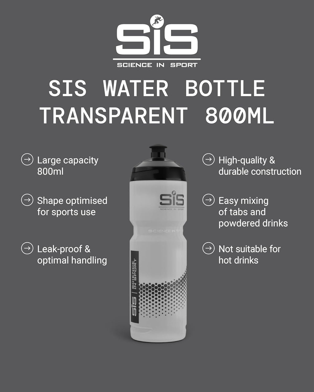 SIS Clear Sports Water Bottle, Plastic Water Bottle, Black Logo, Transparent Colour, 800 Ml
