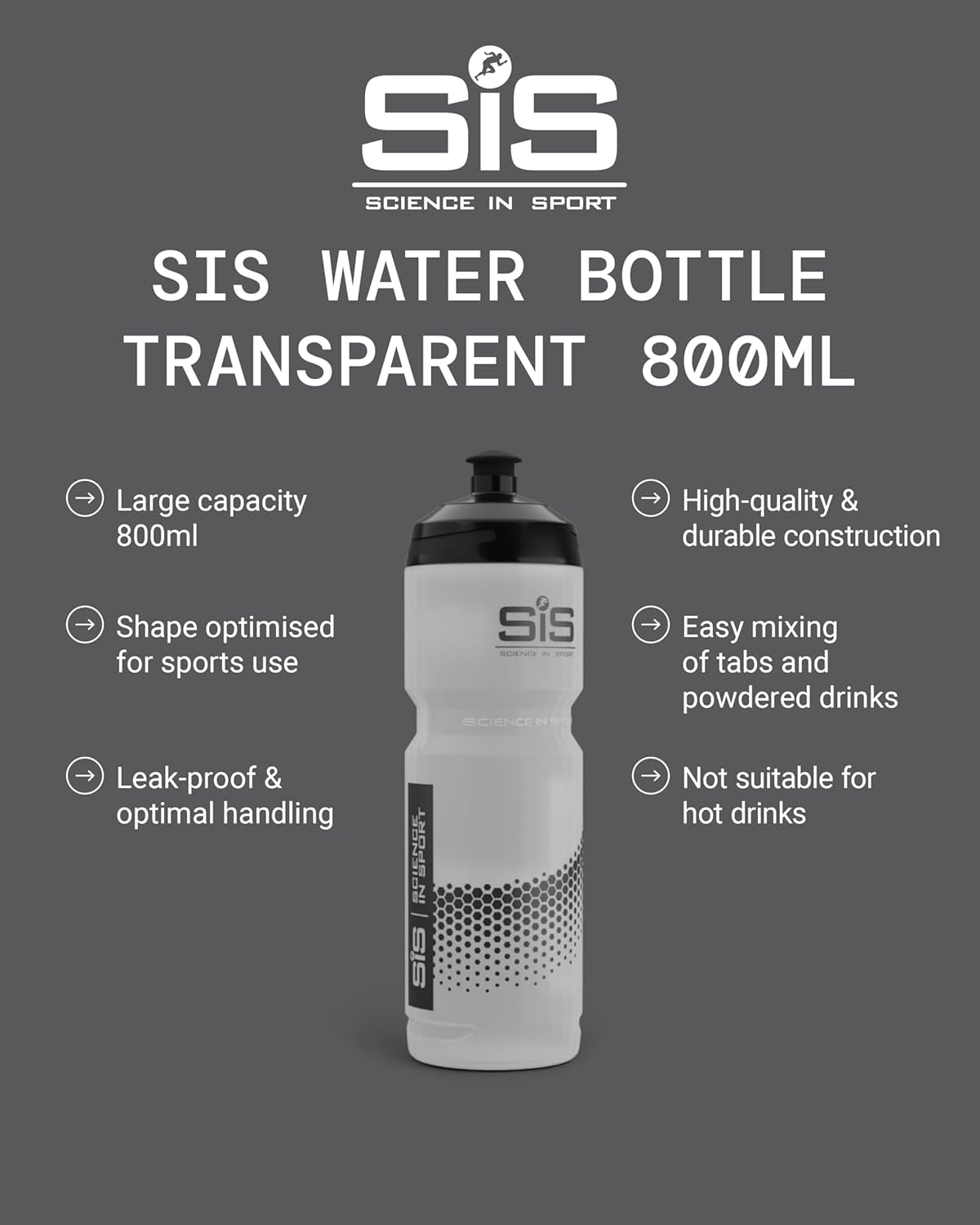 SIS Clear Sports Water Bottle, Plastic Water Bottle, Black Logo, Transparent Colour, 800 Ml