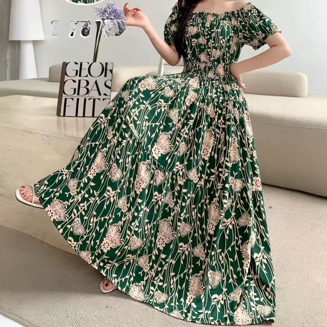Summer Dress Women Cotton Linen Floral Vintage Oversized Korean Vestido Feminino Print Robe Off-Shoulder Casual Dresses
