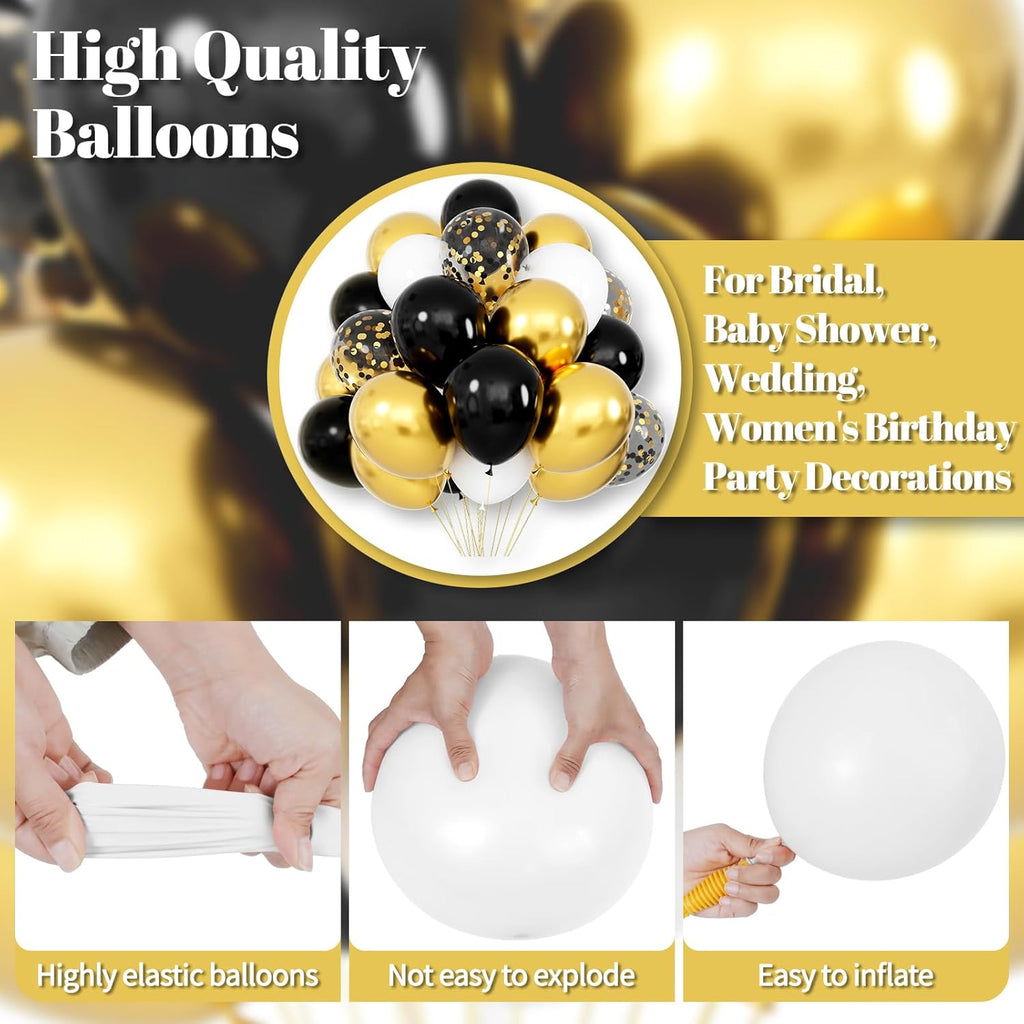 68-Piece Elegant Balloon Set in Black, White, and Gold with 12-Inch Black and Gold Confetti Balloons for Graduation, Birthday, and Wedding Celebrations
