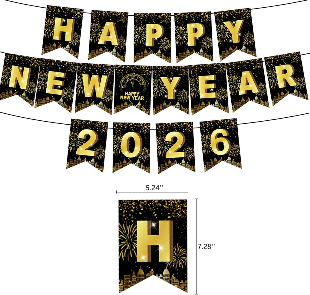 2026 New Year Celebration Banner Set - Black and Gold Glitter Hanging Decorations with Swirls for Photo Booth Backgrounds and Party Supplies
