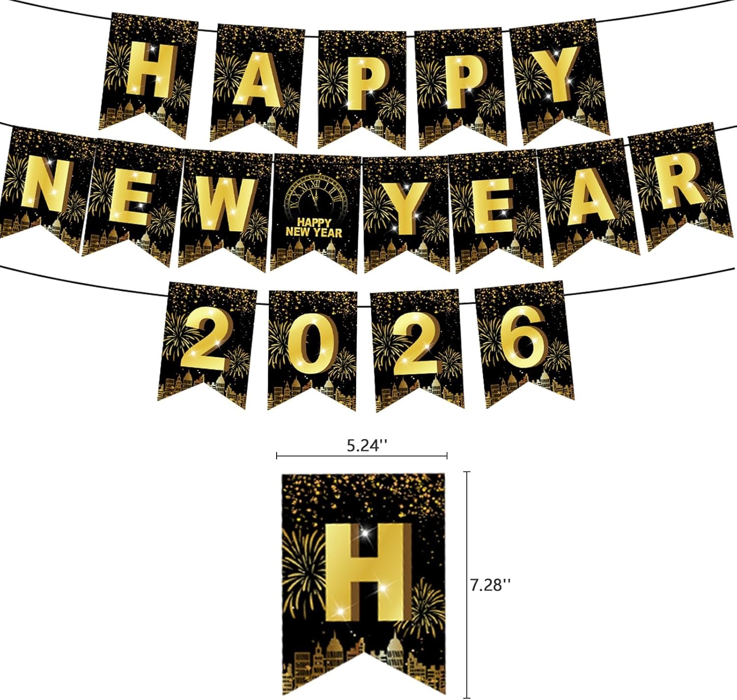 2026 New Year Celebration Banner Set - Black and Gold Glitter Hanging Decorations with Swirls for Photo Booth Backgrounds and Party Supplies