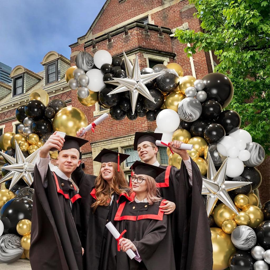 Elegant Black and Gold Balloon Garland Arch Kit with Star Foil Balloons for New Year's Eve, Graduation, Anniversary, and Birthday Celebrations