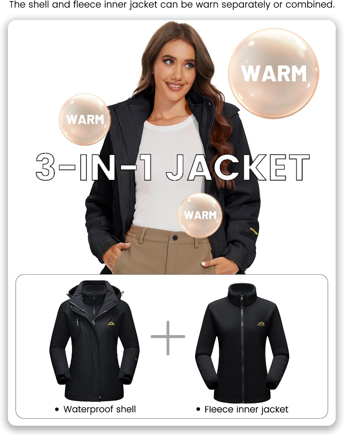 Women'S 3-IN-1 Jackets Waterproof Fleece Jacket Outdoor Skiing Snowboarding Coat