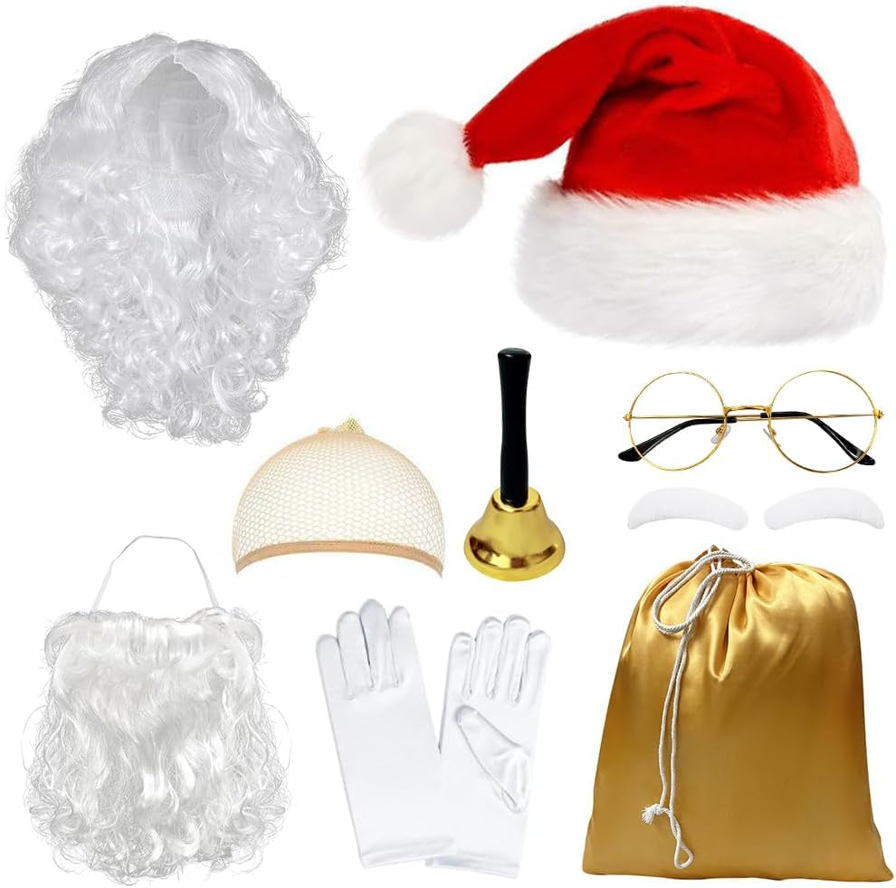 Santa Claus Costume Accessories, 8 PCS Father Christmas Fancy Dress, Father Christmas Costum with Hat Wig Beard Gloves Glasses Eyebrows Santa Sack Bell, Christma-S Santa Costume Set for Christma-S