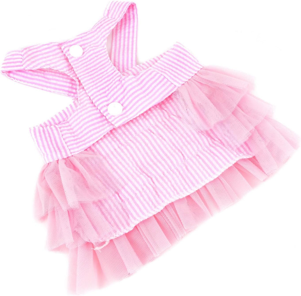 Small Dog Dress Striped Denim Organza Bow Beads Tutu Skirt Summer Soft Comfortable Breathable Puppy Clothes Sleeveless Button Kitten Apparel, Pink, XS