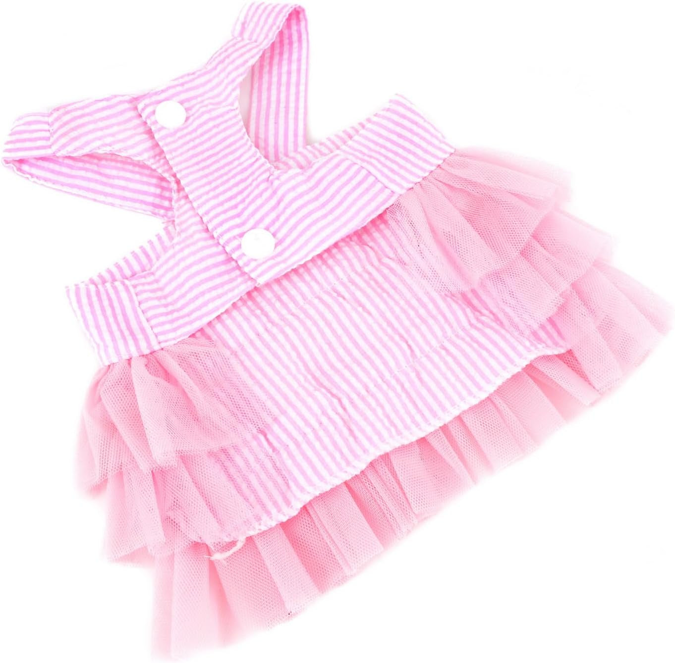 Small Dog Dress Striped Denim Organza Bow Beads Tutu Skirt Summer Soft Comfortable Breathable Puppy Clothes Sleeveless Button Kitten Apparel, Pink, XS