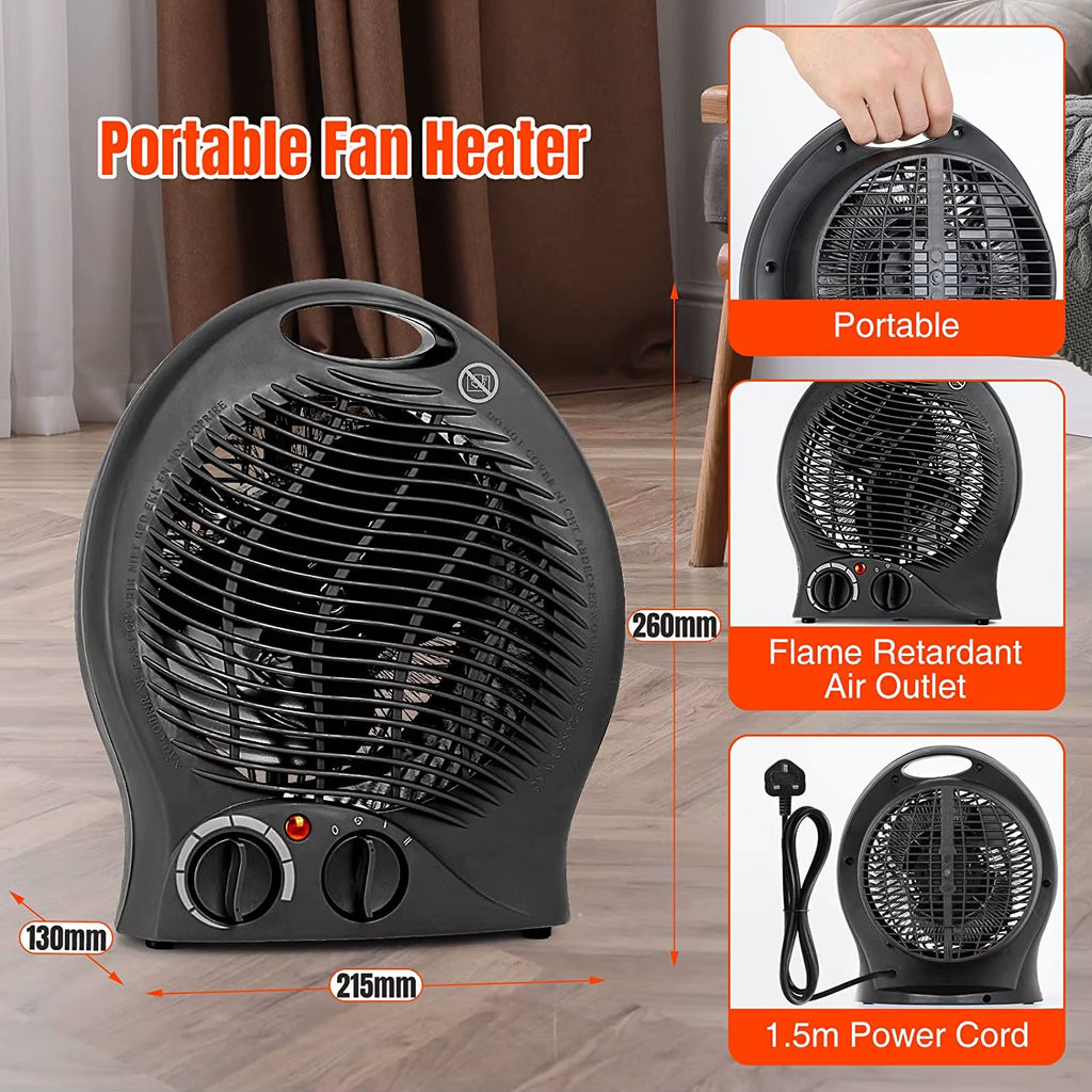 Fan Heaters for Home Low Energy Silent, 2000W 2-In-1 Portable Space Heaters with 3 Heat Settings, Instant Heat Electric Heaters