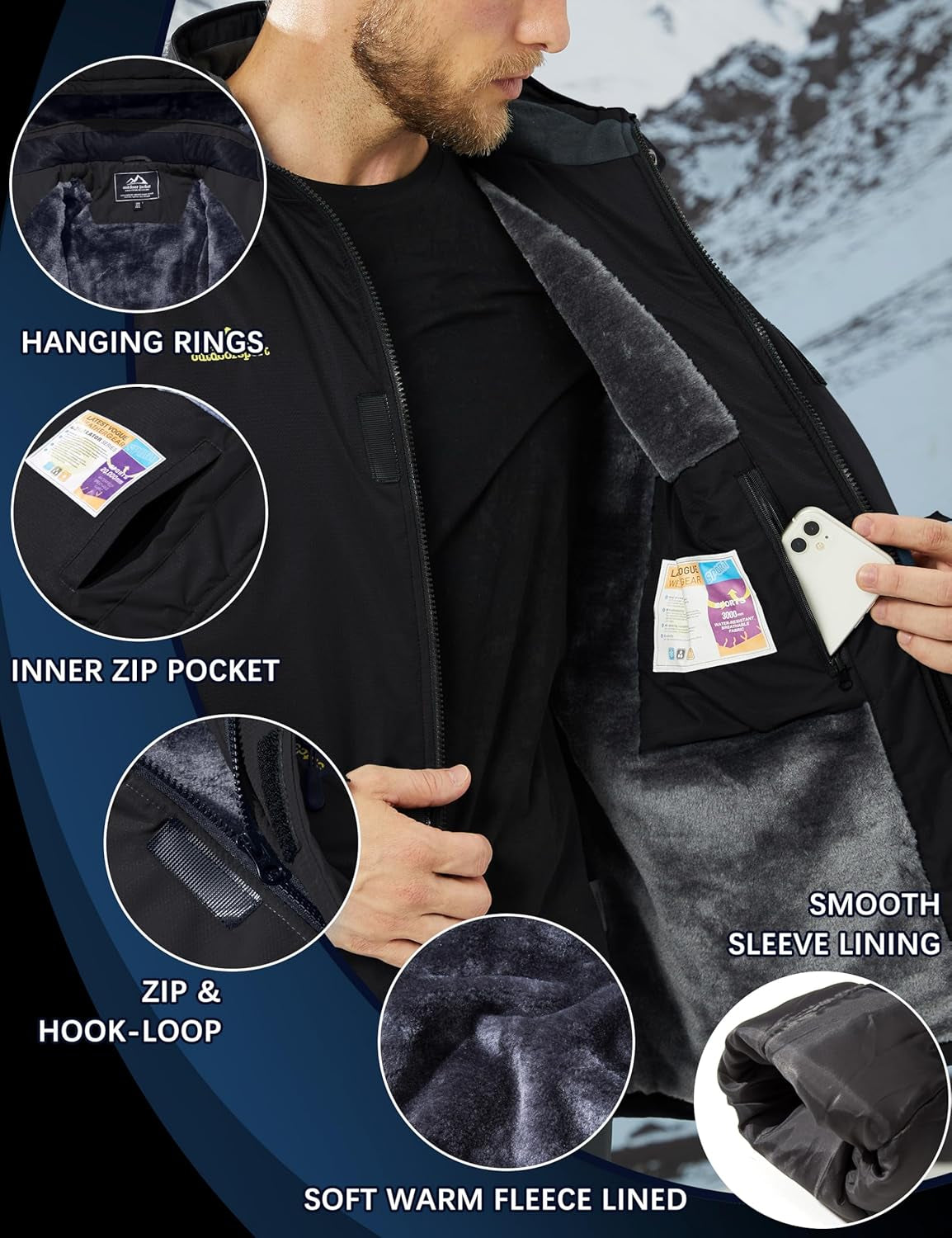 Men'S Waterproof Fleece Mountain Jacket Windproof Warm Ski Jacket Multi-Pockets