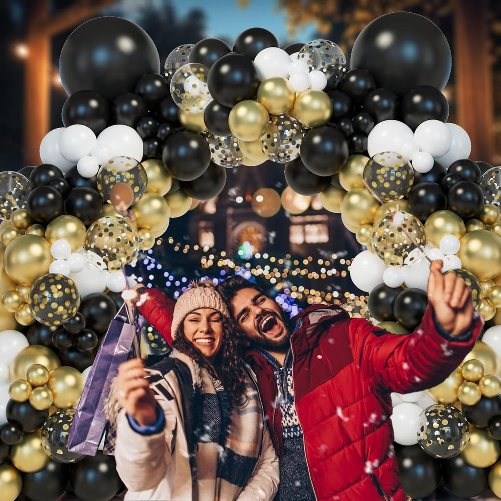Elegant Black and Gold Balloon Garland Arch Kit with Star Foil Balloons for New Year's Eve, Graduation, Anniversary, and Birthday Celebrations