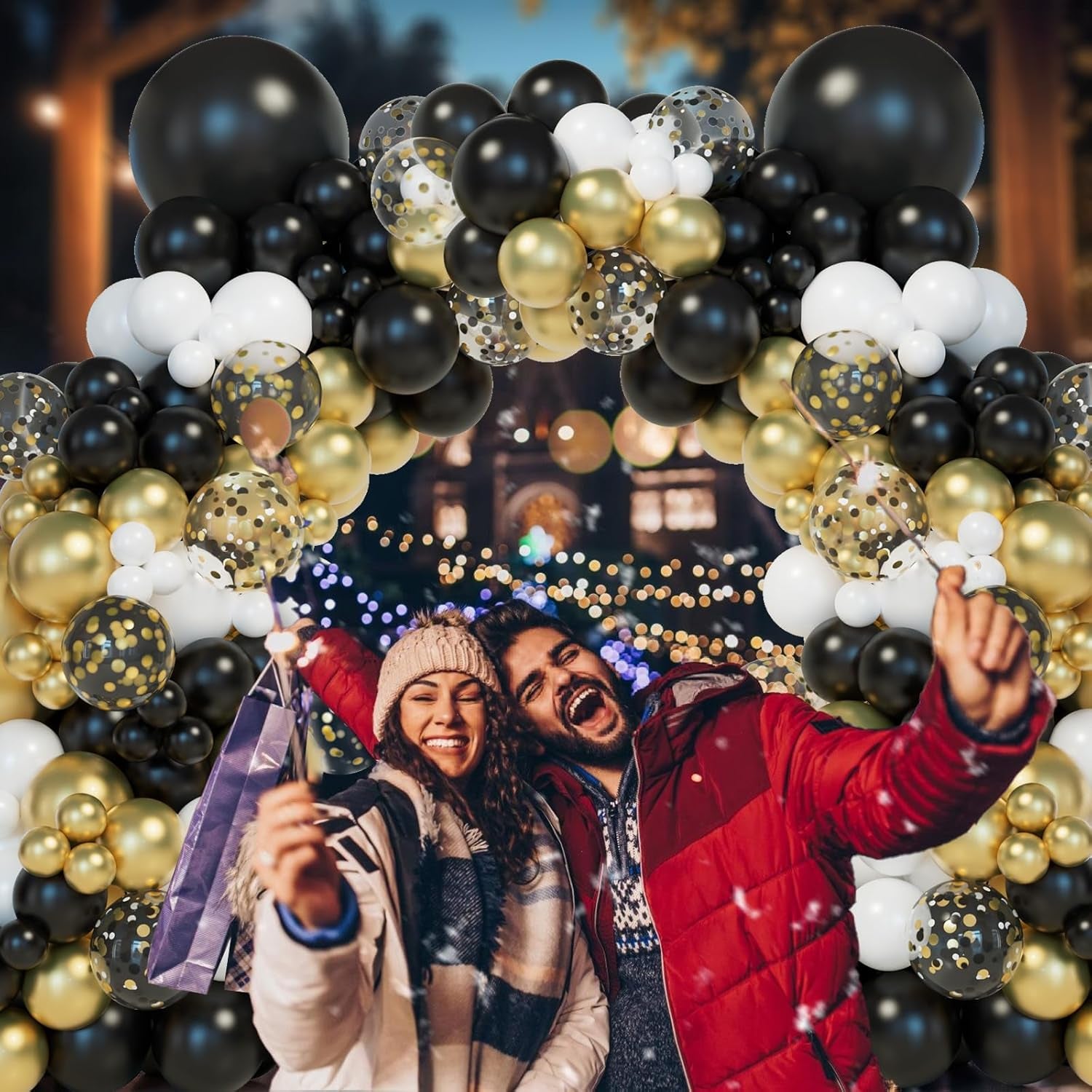 Elegant Black and Gold Balloon Garland Arch Kit with Star Foil Balloons for New Year's Eve, Graduation, Anniversary, and Birthday Celebrations