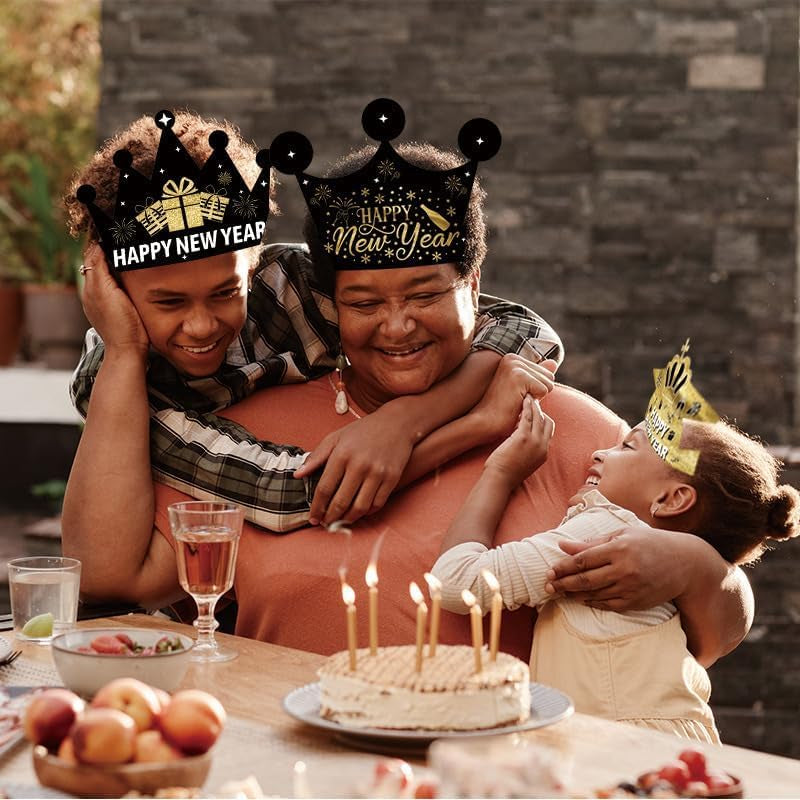 6-Piece Set of 2026 Happy New Year's Eve Hats - Black and Gold Paper Crown Party Headwear for Celebrations and Photo Props