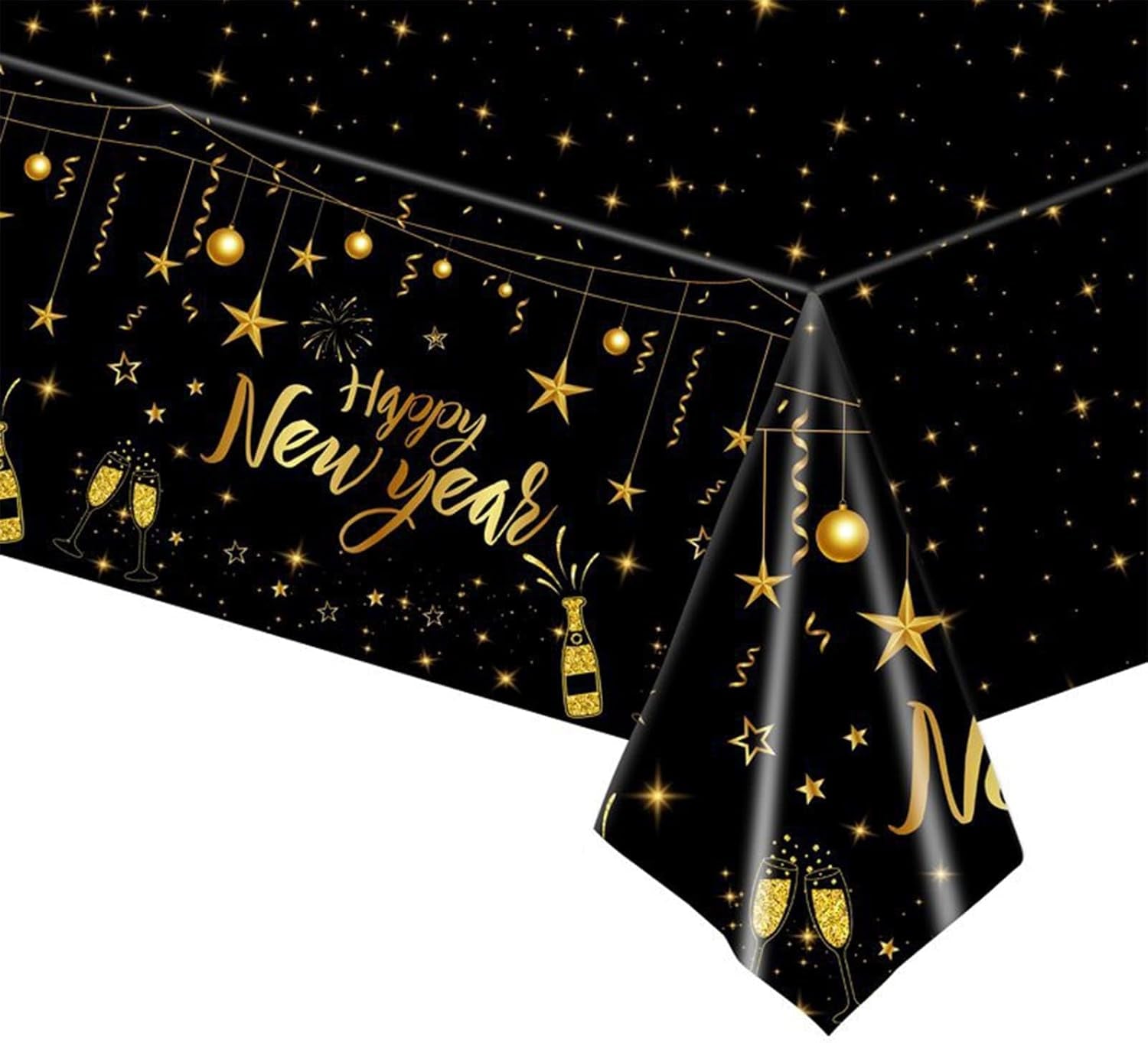 2026 New Year's Eve Black and Gold Rectangular Disposable Tablecloth - 137 x 274 cm Party Supplies