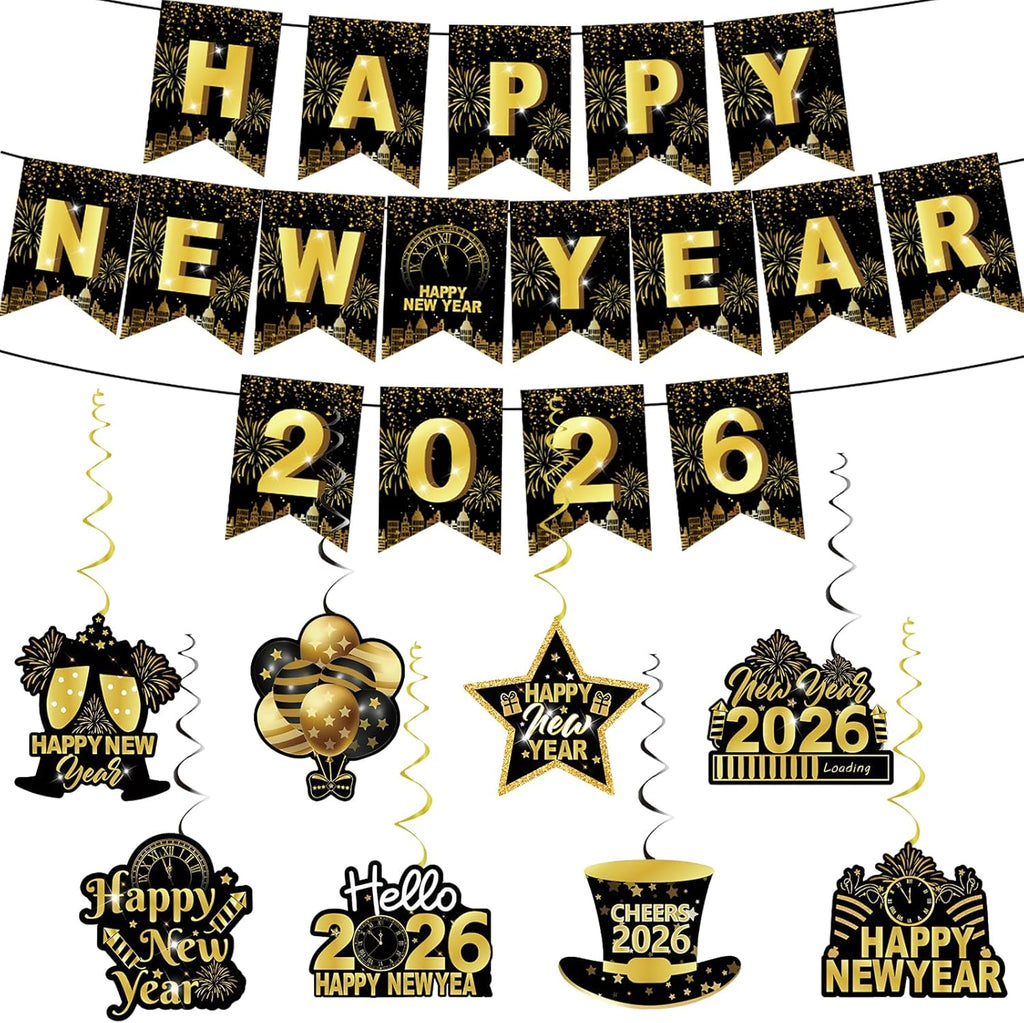 2026 New Year Celebration Banner Set - Black and Gold Glitter Hanging Decorations with Swirls for Photo Booth Backgrounds and Party Supplies