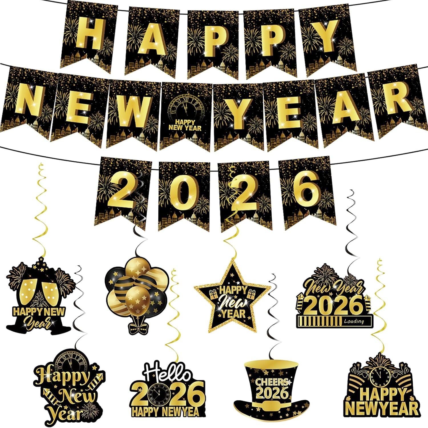 2026 New Year Celebration Banner Set - Black and Gold Glitter Hanging Decorations with Swirls for Photo Booth Backgrounds and Party Supplies