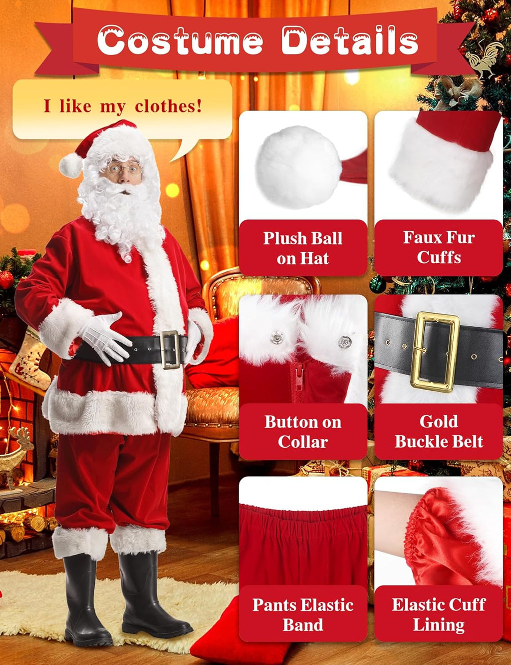 Deluxe Santa Claus Costume for Men - 11-Piece Holiday Outfit for Christmas Parties and Cosplay