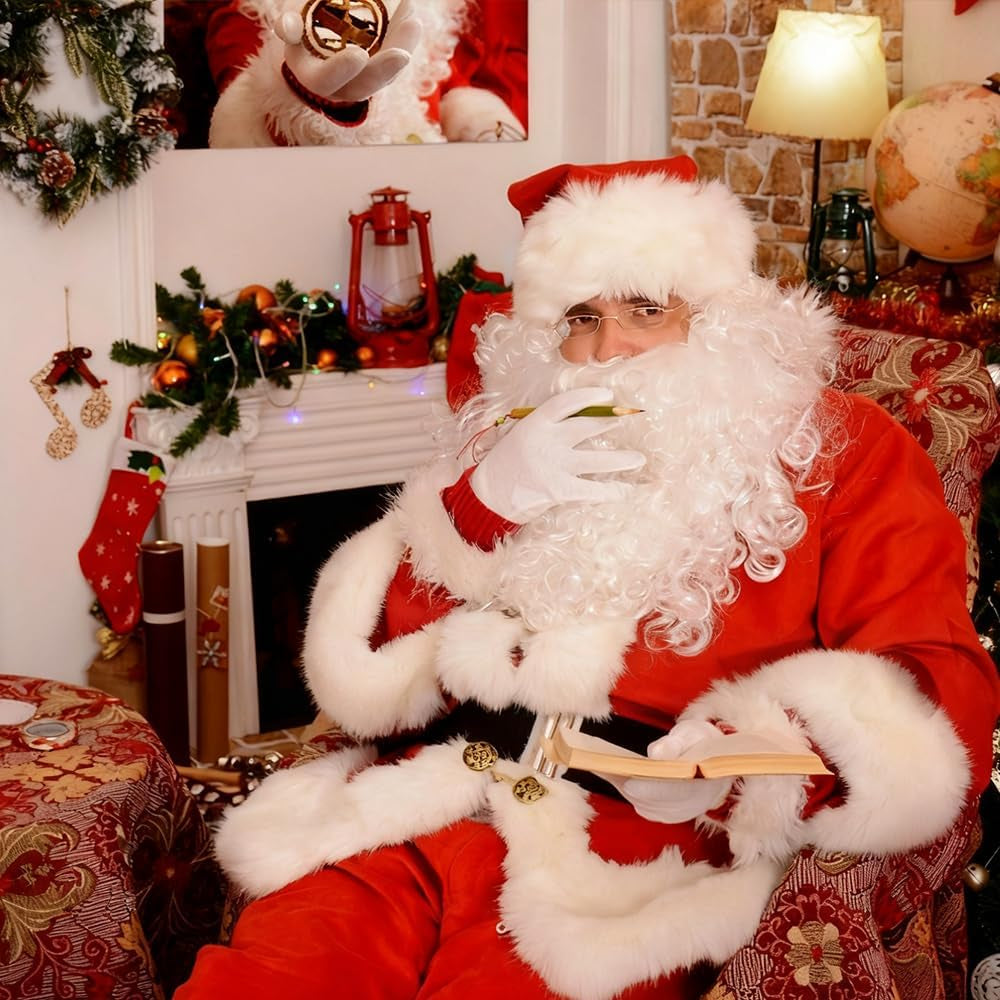 Santa Claus Costume Accessories, 8 PCS Father Christmas Fancy Dress, Father Christmas Costum with Hat Wig Beard Gloves Glasses Eyebrows Santa Sack Bell, Christma-S Santa Costume Set for Christma-S