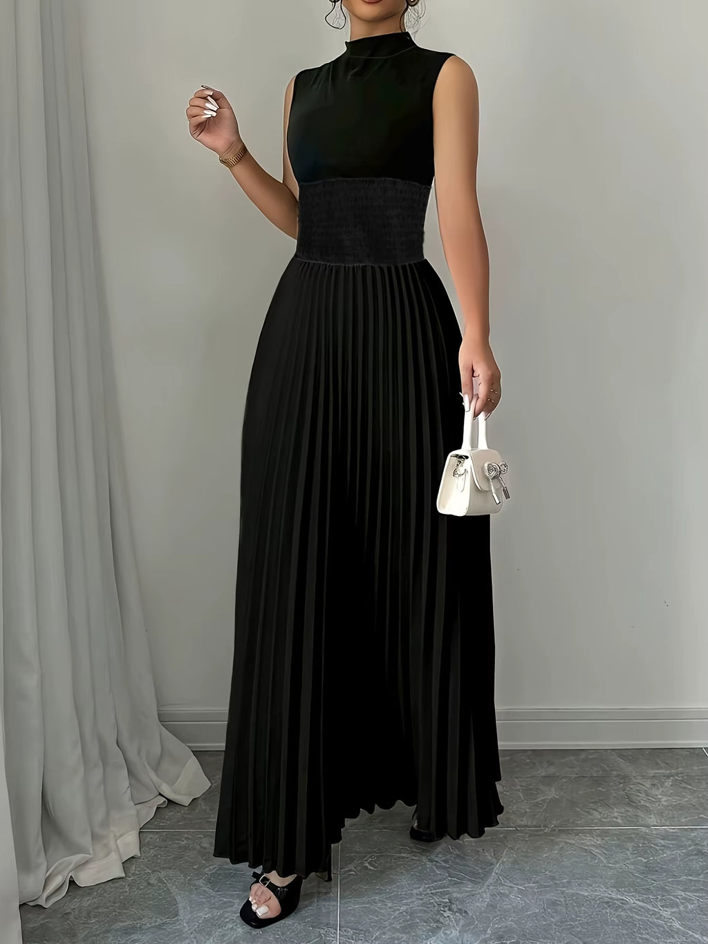 Women's Oversized Black Woven Bohemian Maxi Dress with Pockets - Casual A-Line Summer Full-Length Attire