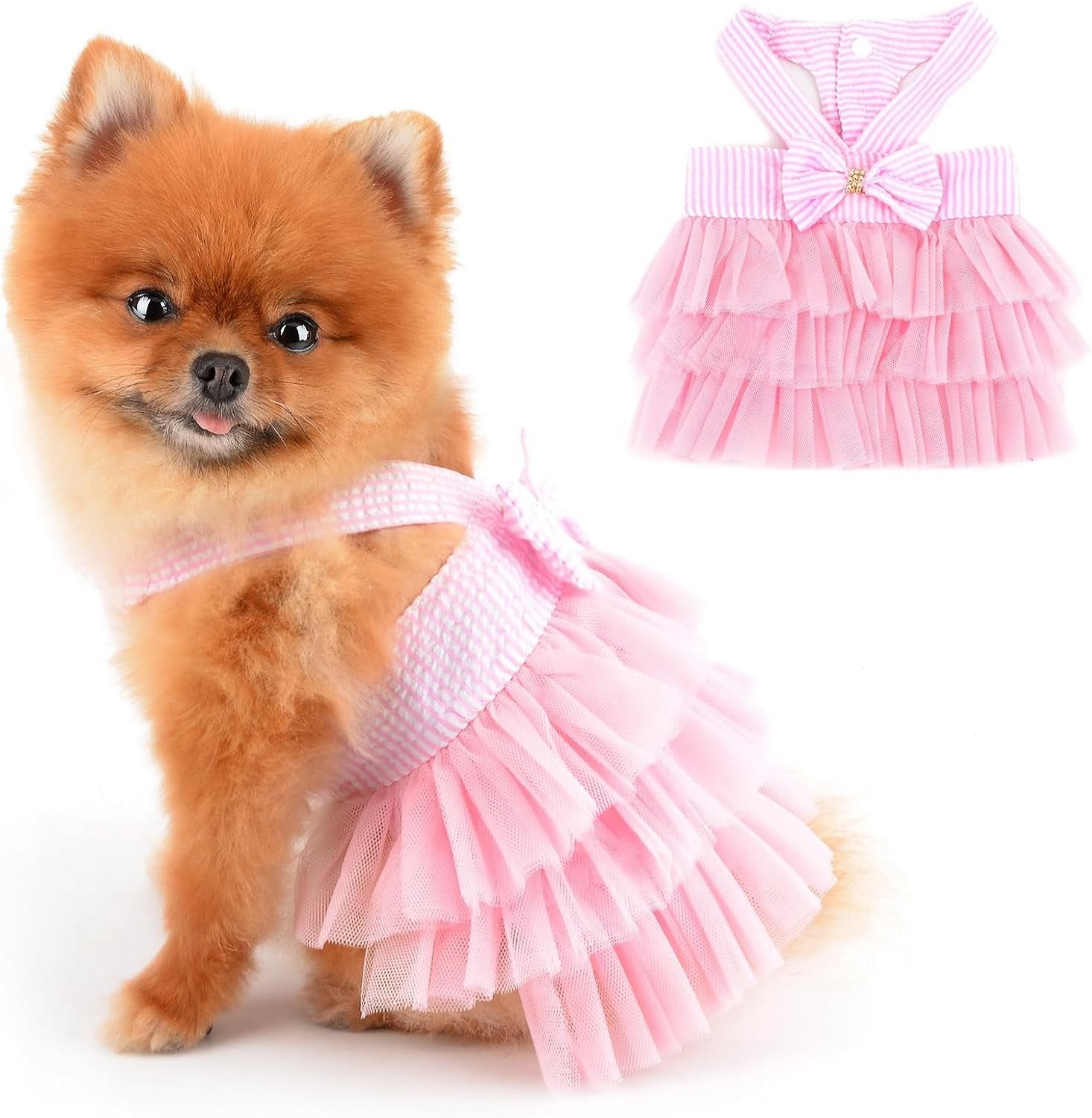 Small Dog Dress Striped Denim Organza Bow Beads Tutu Skirt Summer Soft Comfortable Breathable Puppy Clothes Sleeveless Button Kitten Apparel, Pink, XS