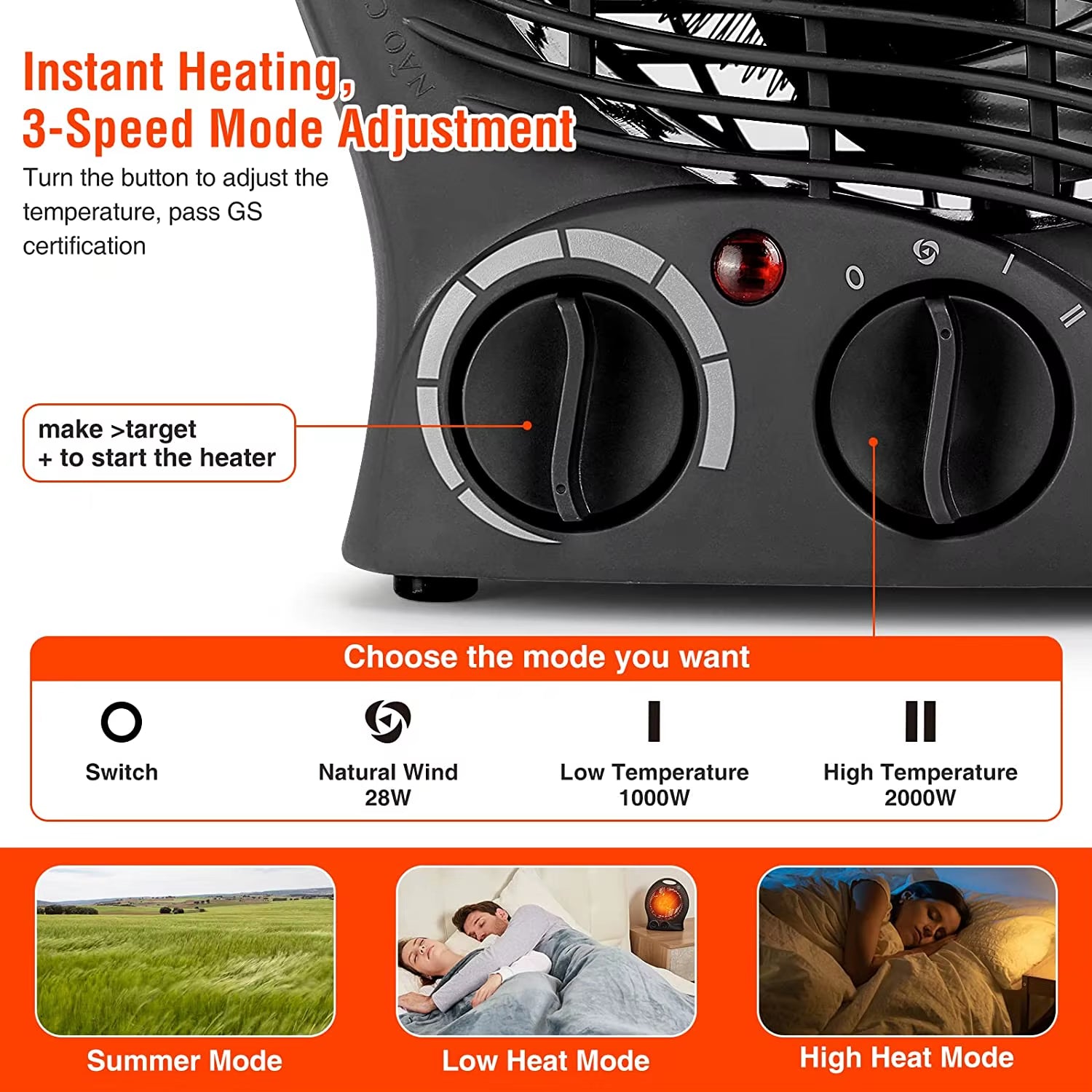 Fan Heaters for Home Low Energy Silent, 2000W 2-In-1 Portable Space Heaters with 3 Heat Settings, Instant Heat Electric Heaters