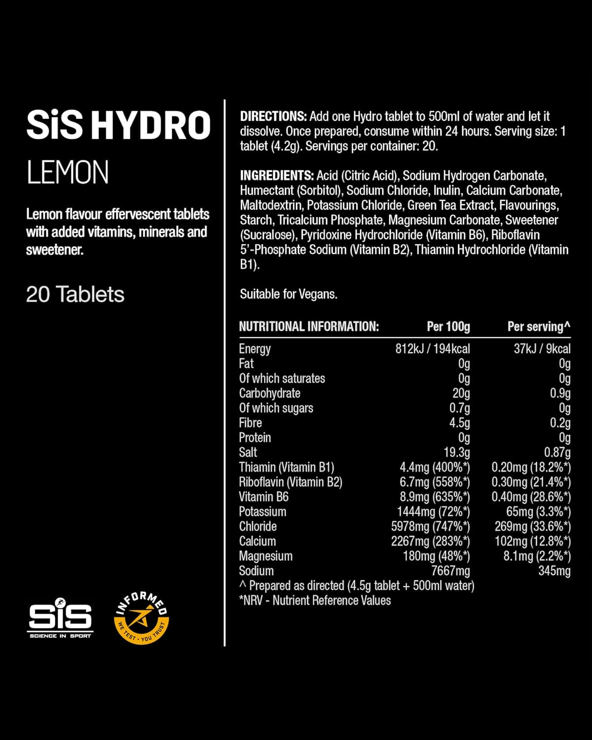 Hydro Electrolyte Tablets 20 Pcs. Lemon – Vegan & Gluten-Free, Ideal to Promote Hydration and Maintain Electrolytes Balance (Packaging May Vary)