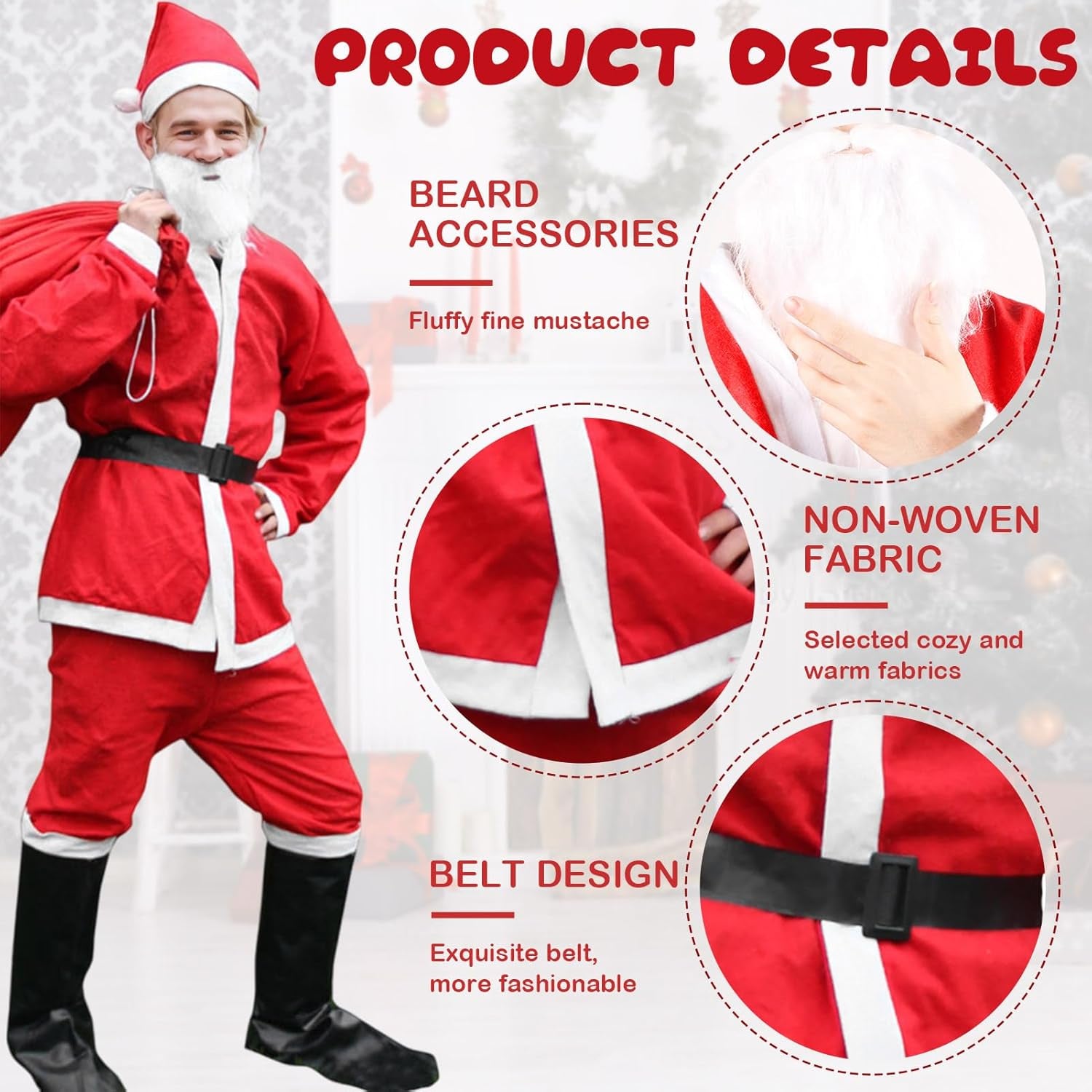Men's 13-Piece Luxury Santa Claus Costume Set with Accessories for Christmas and Holiday Celebrations