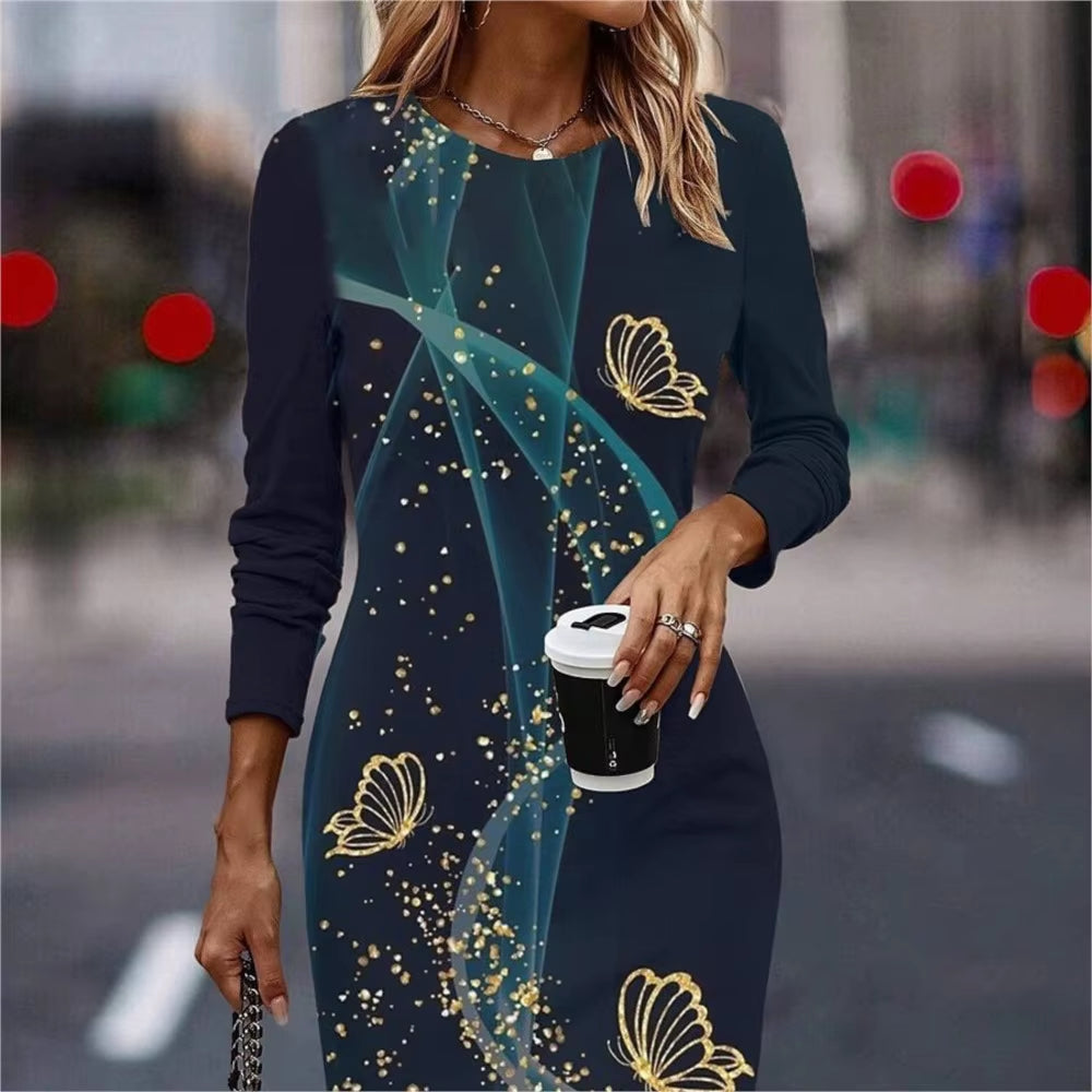 Women's Christmas Tree 3D Printed Slimming Mini Dress with Round Neck and Long Sleeves for Parties