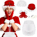Mrs. Claus Costume Set for Women - 5 Pieces Including Red Christmas Hat, Apron, White Wig, Glasses, and Red Gloves for Holiday Parties and Cosplay