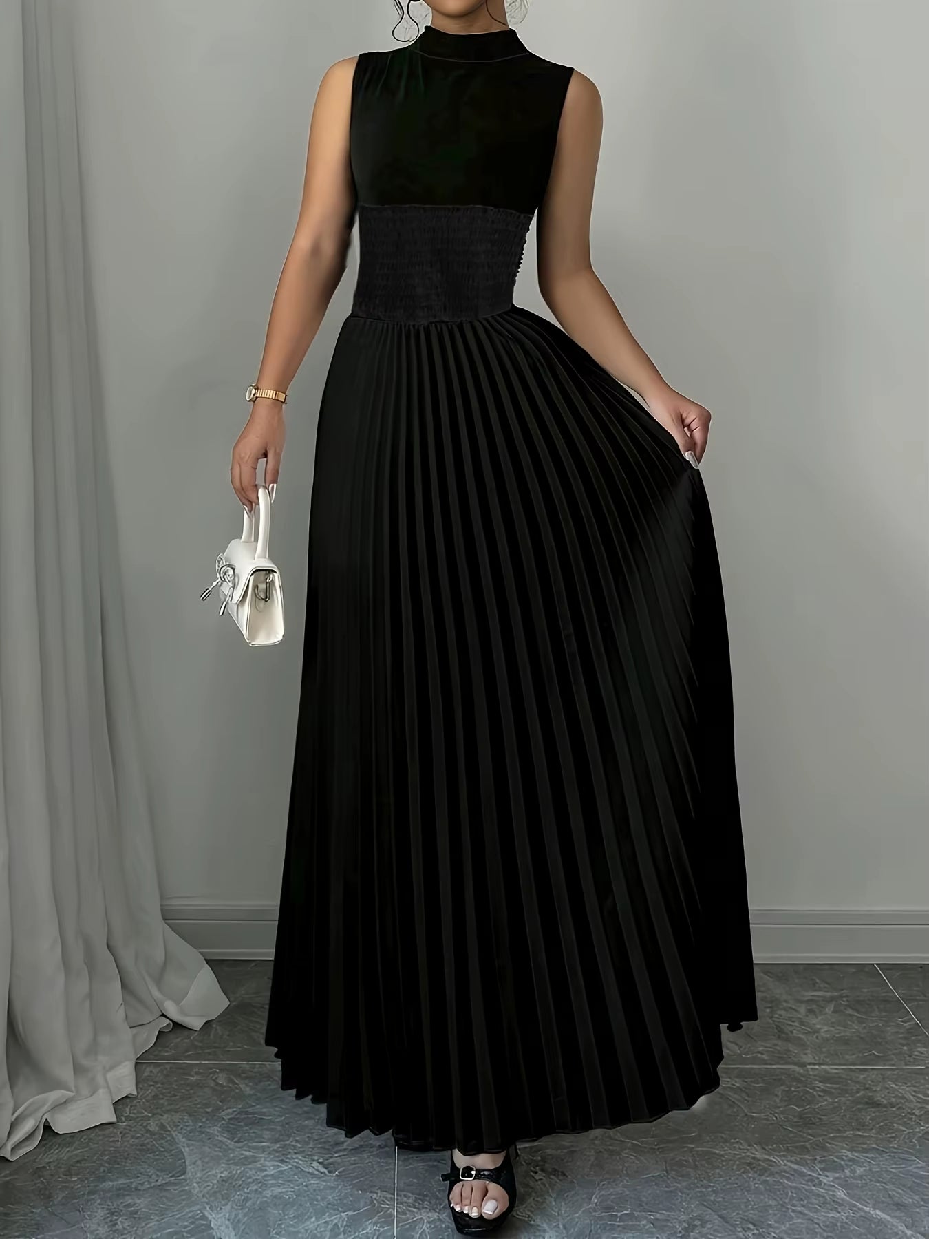 Women's Oversized Black Woven Bohemian Maxi Dress with Pockets - Casual A-Line Summer Full-Length Attire