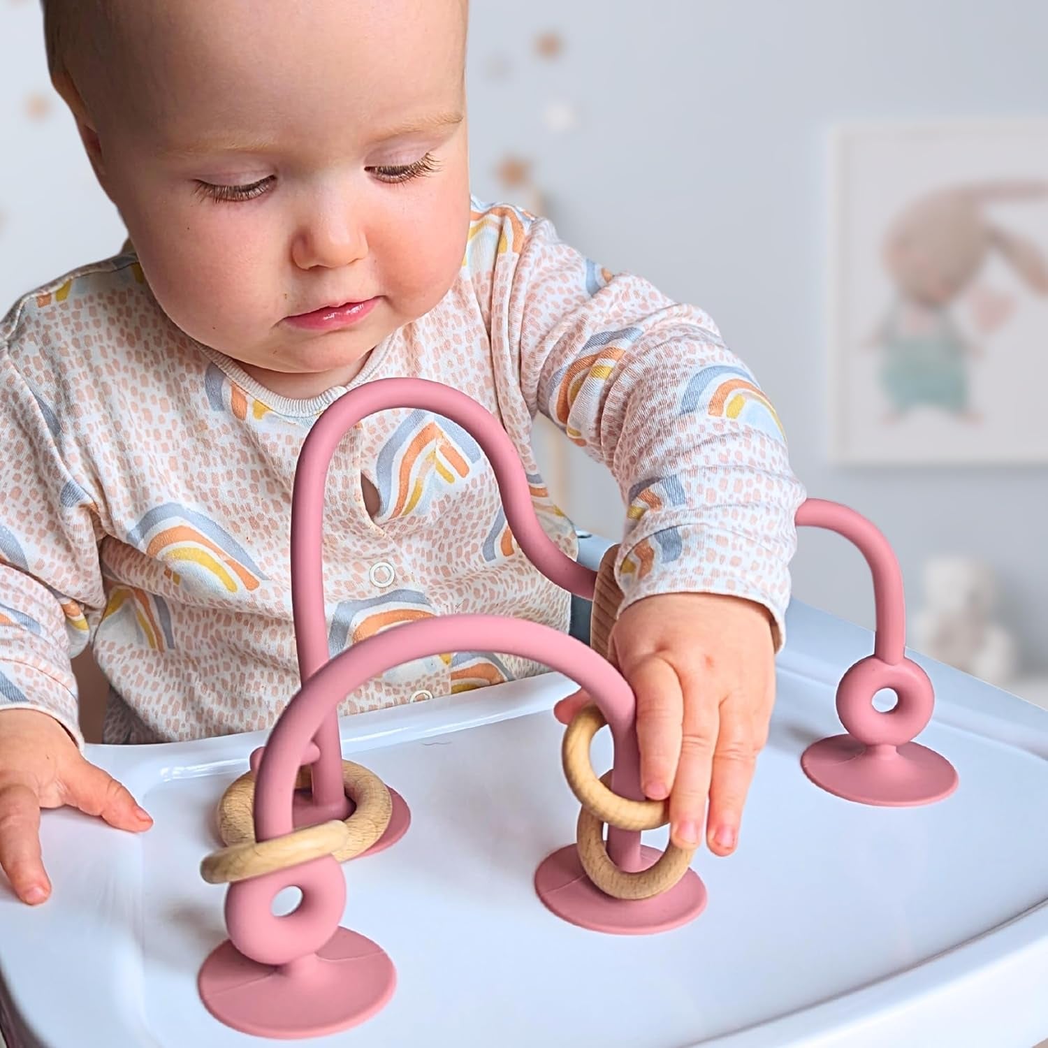 ® Teething Suction Toy – Wood & Silicone Baby Toys 0-6 Months, Sensory Toy for Early Development, Suction Teether for High Chair, Baby Gift for Boys and Girls - Blue