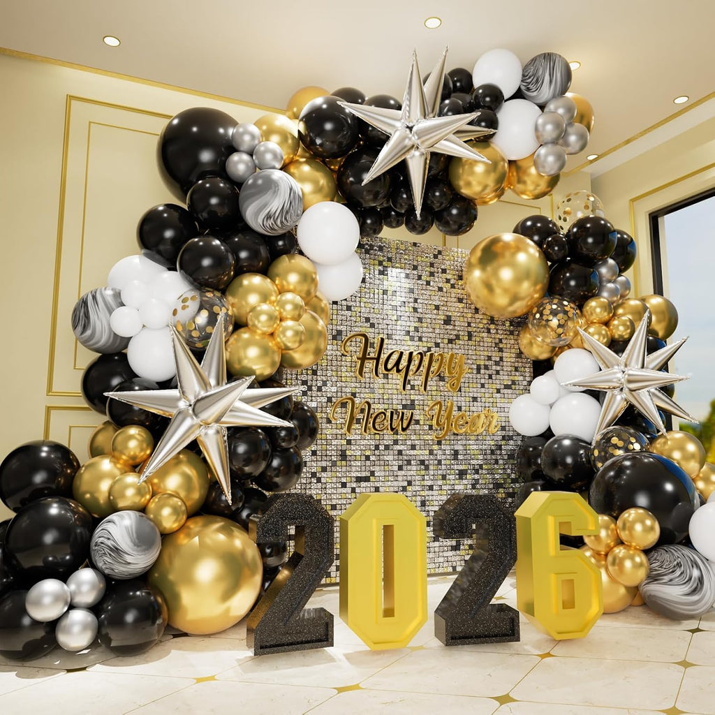 Elegant Black and Gold Balloon Garland Arch Kit with Star Foil Balloons for New Year's Eve, Graduation, Anniversary, and Birthday Celebrations
