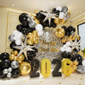 Elegant Black and Gold Balloon Garland Arch Kit with Star Foil Balloons for New Year's Eve, Graduation, Anniversary, and Birthday Celebrations