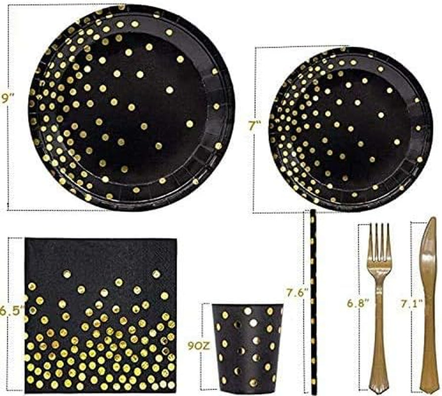 142-Piece Black and Gold Party Supplies Set, Featuring Golden Dot Dinnerware, Includes Black Paper Plates, Napkins, Cups, and Gold Cutlery for Graduation, Birthdays, and Cocktail Events