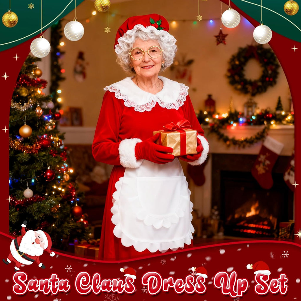 Mrs. Claus Costume Set for Women - 5 Pieces Including Red Christmas Hat, Apron, White Wig, Glasses, and Red Gloves for Holiday Parties and Cosplay