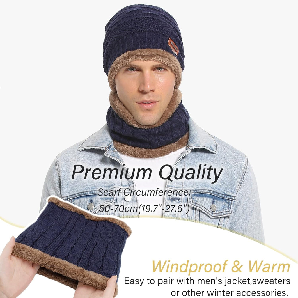Men's Winter Beanie and Scarf Set - Warm Knit Thick Fleece Lined Skull Cap and Neck Warmer for Men and Women