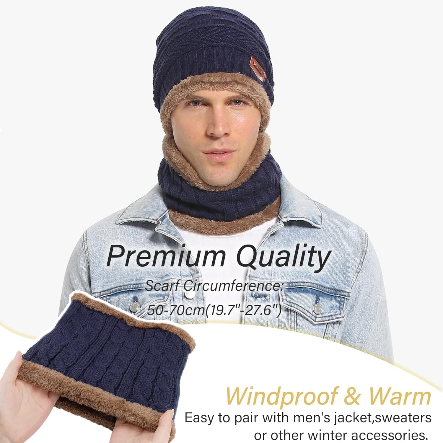 Men's Winter Beanie and Scarf Set - Warm Knit Thick Fleece Lined Skull Cap and Neck Warmer for Men and Women