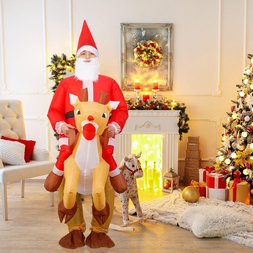 Adult Christmas Inflatable Santa Claus Costume with Reindeer Ride-On Suit for Holiday Events and Parties