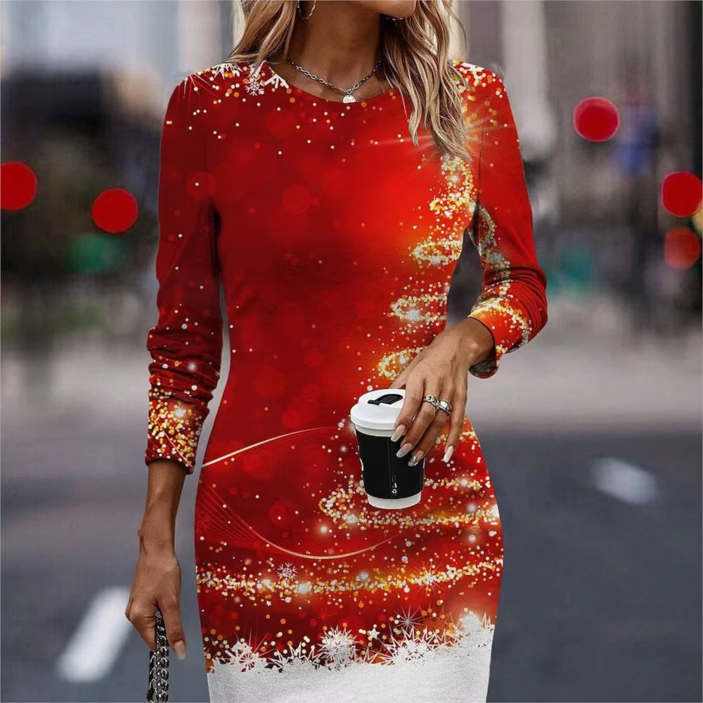 Women's Christmas Tree 3D Printed Slimming Mini Dress with Round Neck and Long Sleeves for Parties