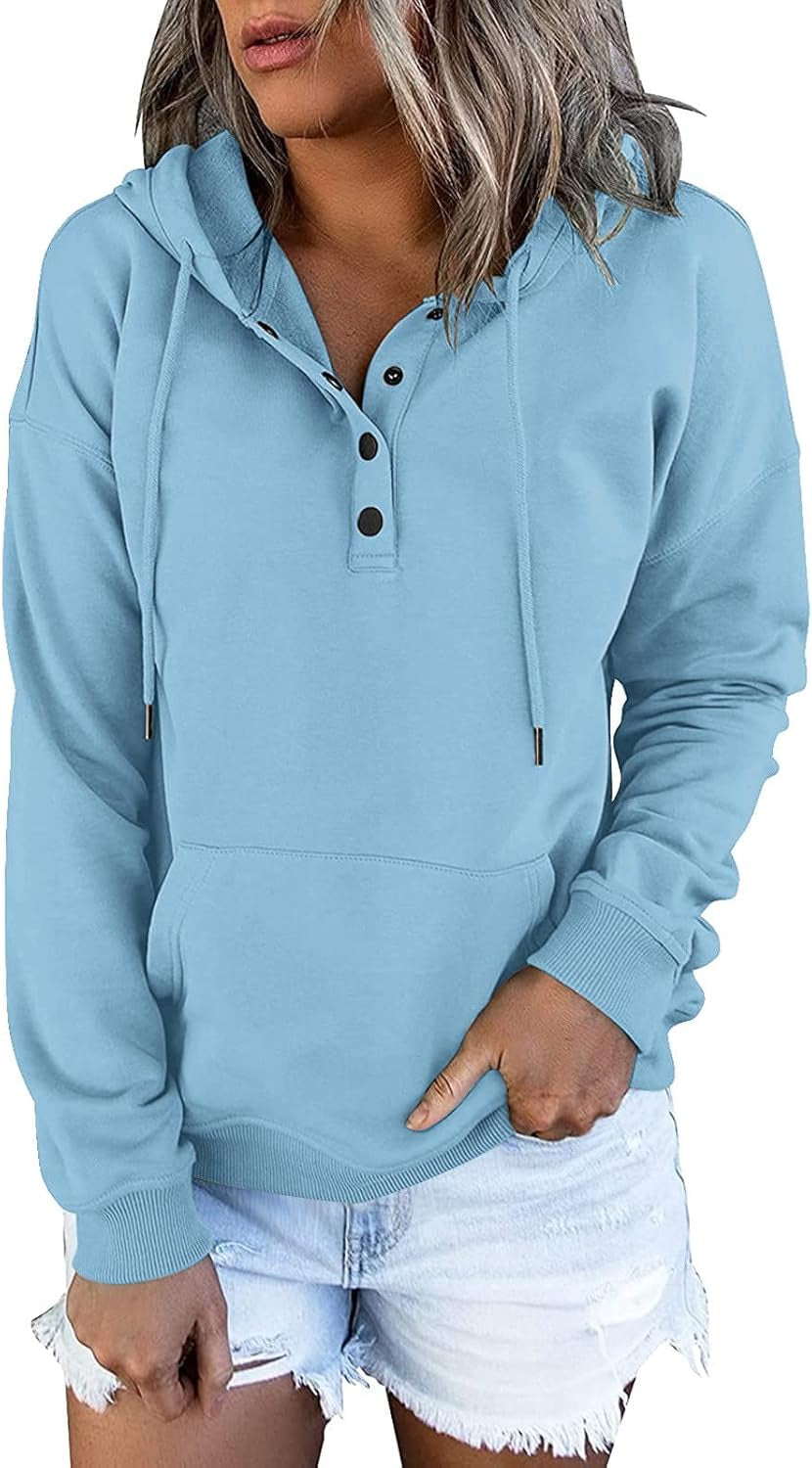 Women's Casual Long Sleeve Button-Down Hoodies with Pocket - Solid Color V-Neck Pullover Tops - Drawstring Fall Sweatshirt Blouse - UK Clearance