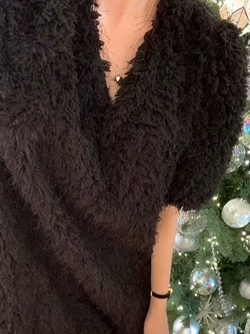Chic Autumn Winter Soft Sle V-Ne Fluffy Loose Casual Color Ort Sve Dr Skirt Women'S Faion Commute