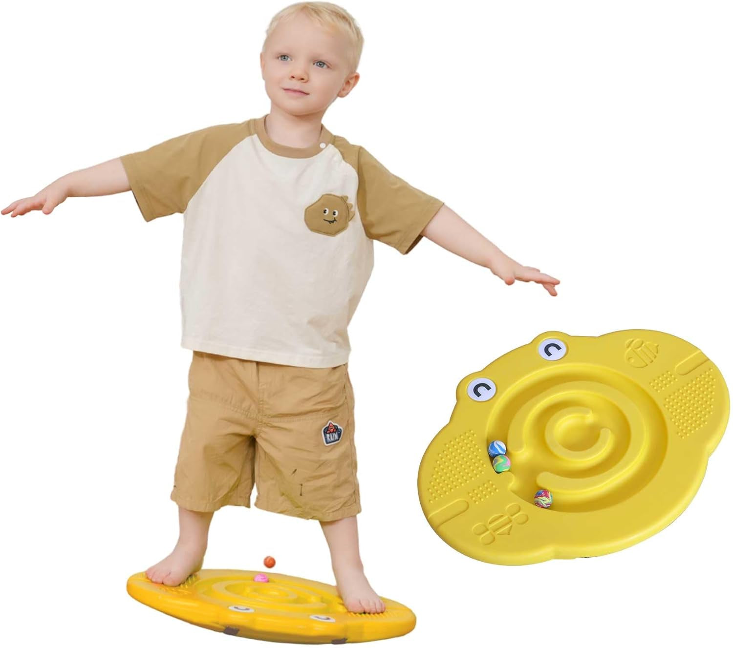 Wobble Balance Board for Kids-Yellow Frog Design with Maze Track & Balls| Dual-Sided Sensory Rocker Board| Non-Slip Tactile Surface|100Kg Weight Limit| Safe Toy for Toddlers & Parent-Child Play