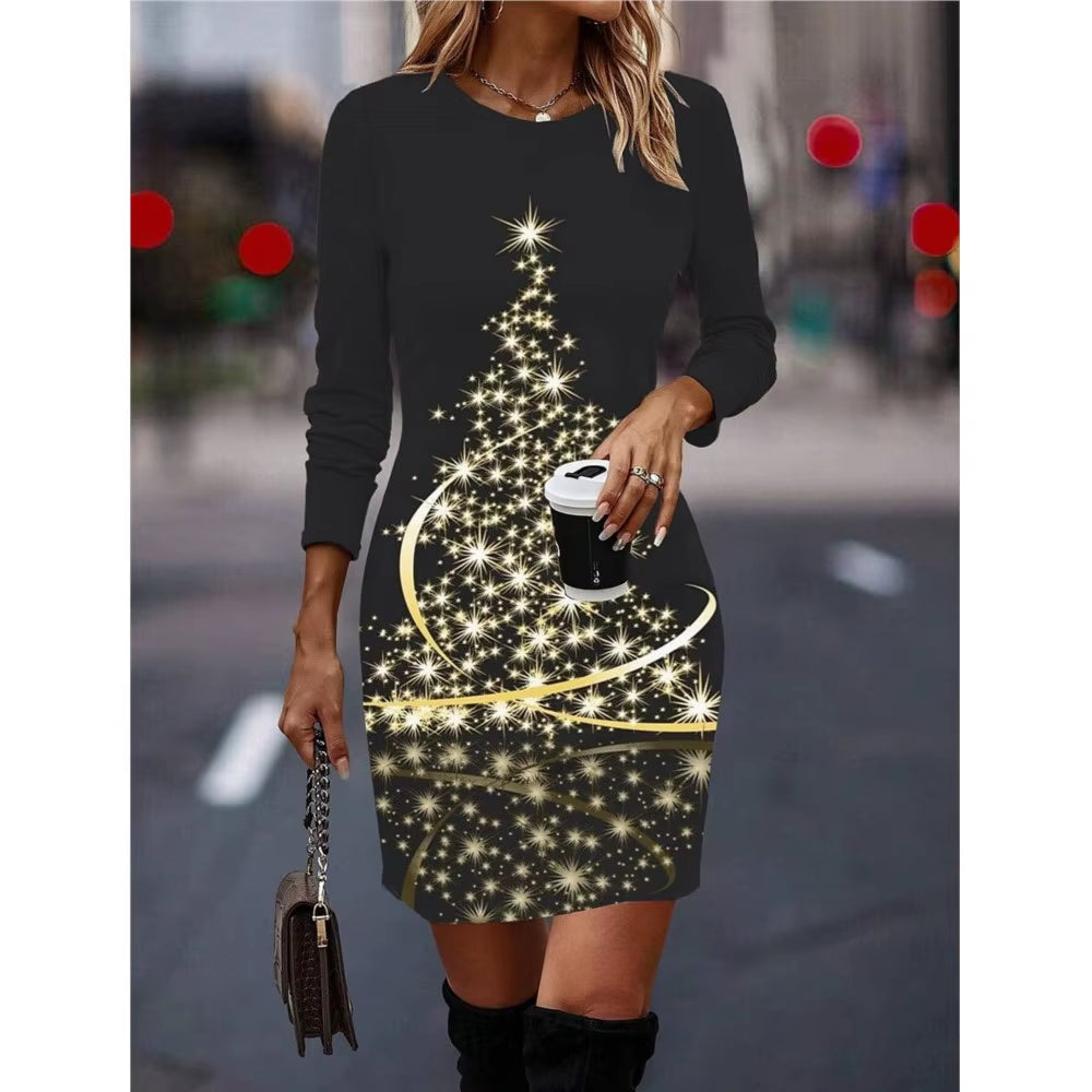 Women's Christmas Tree 3D Printed Slimming Mini Dress with Round Neck and Long Sleeves for Parties
