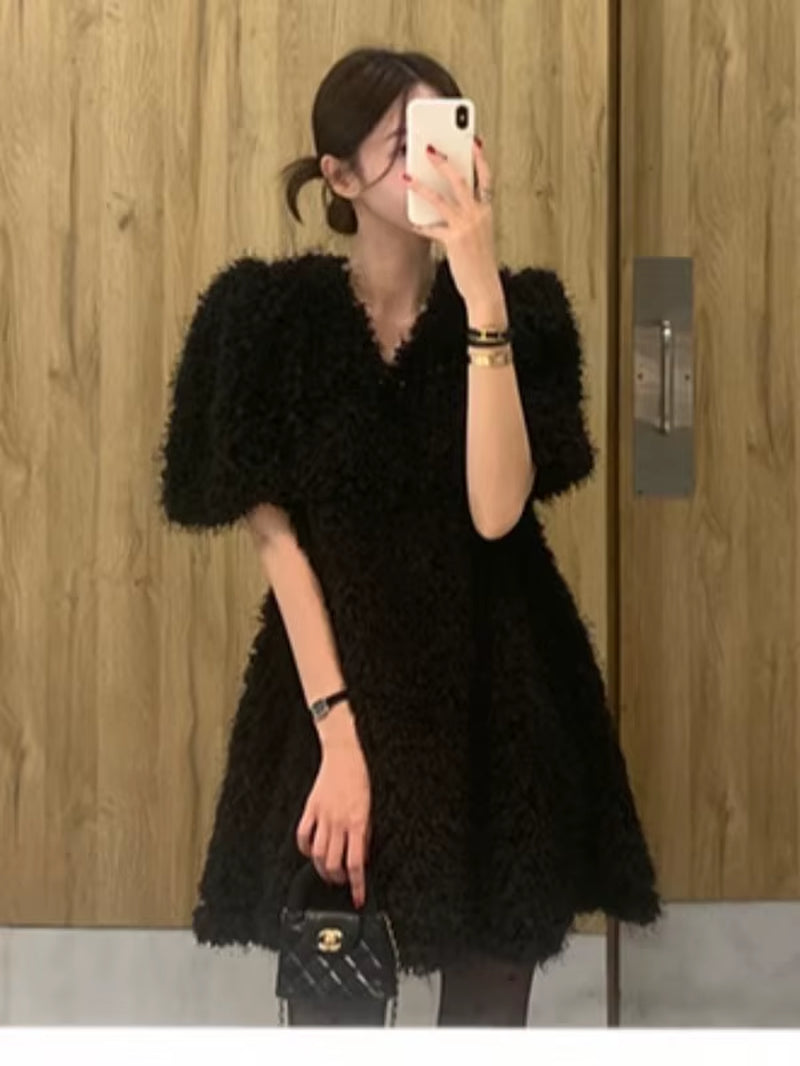 Chic Autumn Winter Soft Sle V-Ne Fluffy Loose Casual Color Ort Sve Dr Skirt Women'S Faion Commute