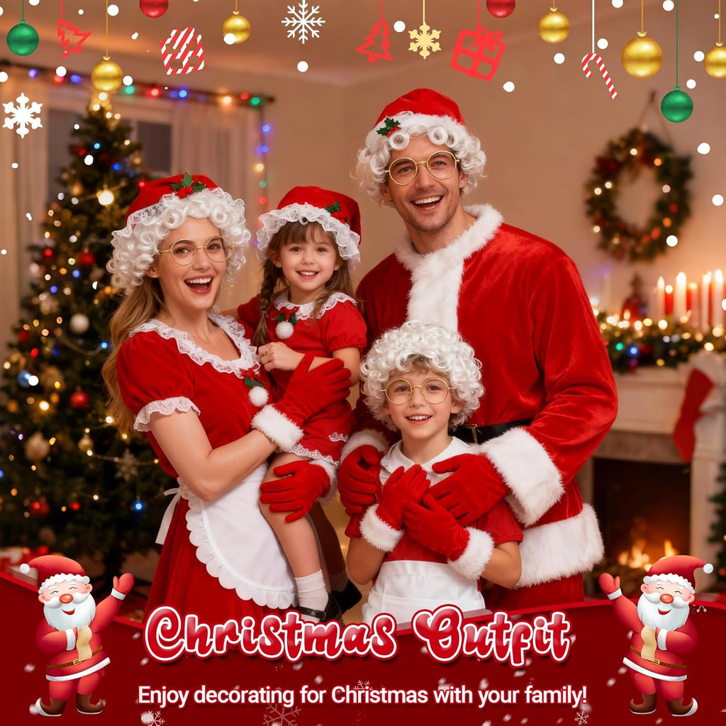Mrs. Claus Costume Set for Women - 5 Pieces Including Red Christmas Hat, Apron, White Wig, Glasses, and Red Gloves for Holiday Parties and Cosplay